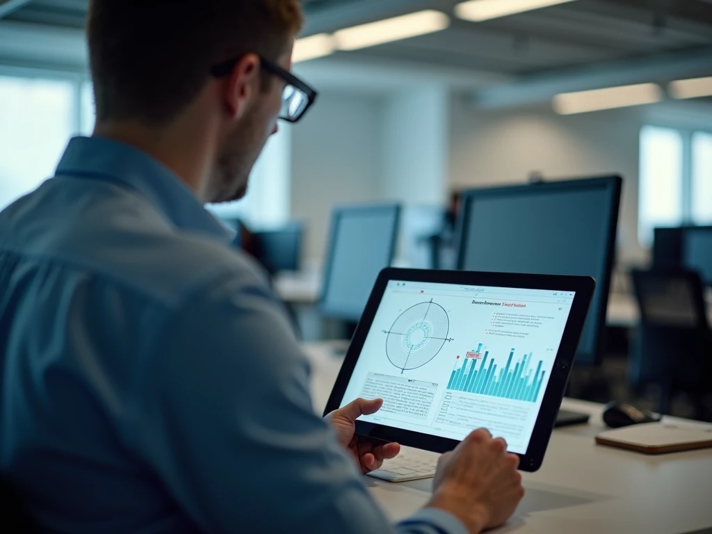 A professional technician using a WiFi analyzer tool with network diagrams on a tablet in 