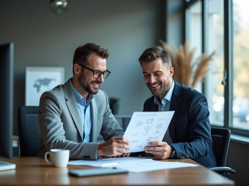 A friendly technician consults with a business owner in a bright office, discussing networ