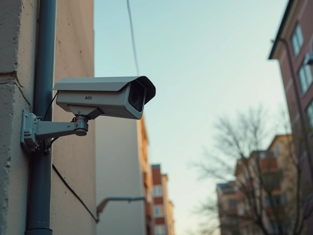 A-dynamic-shot-features-a-security-camera-mounted-on-a-building-capturing-activity-under-n