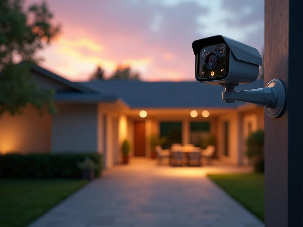 A modern smart home security camera displaying a crystal-clear live feed of a well-lit dri