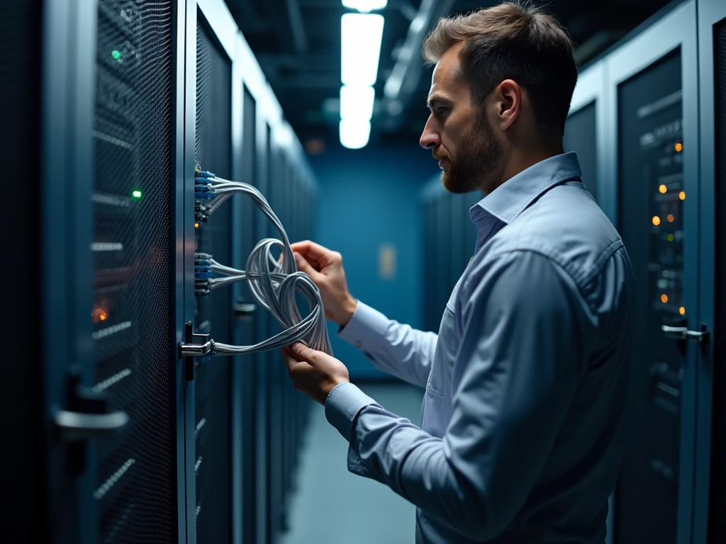 Network-administrator-inspecting-server-room-with-multiple-ethernet-cables-connected-to-sw