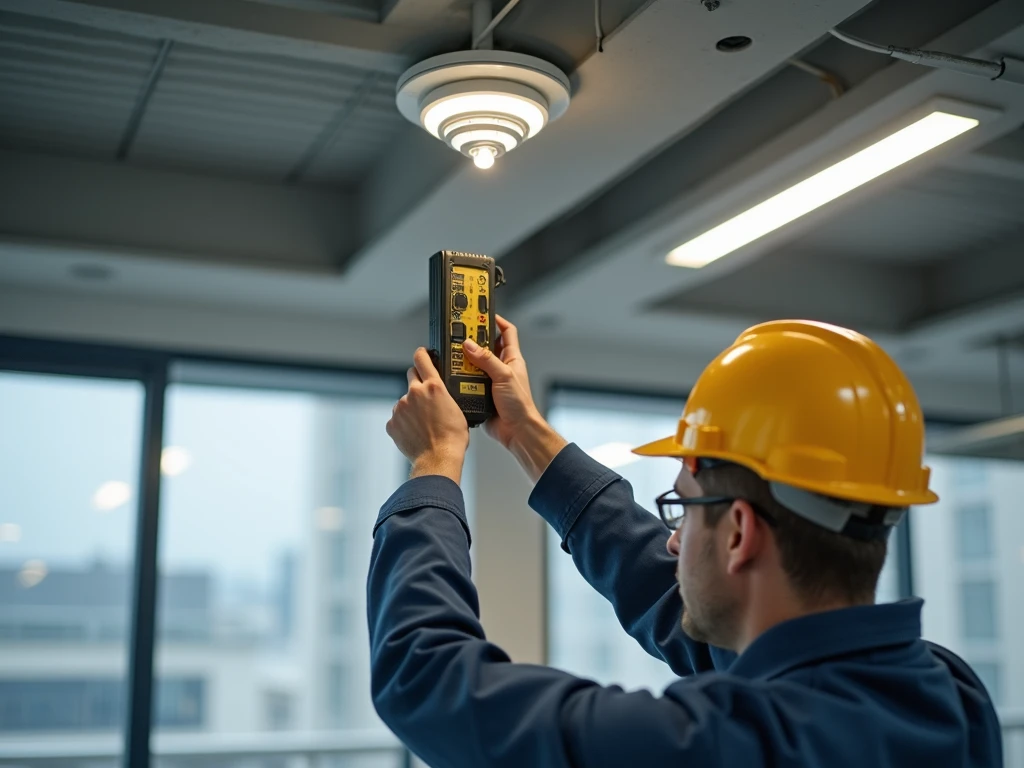 Professional-engineer-mounts-WiFi-access-point-on-a-ceiling-with-precision-using-electrica