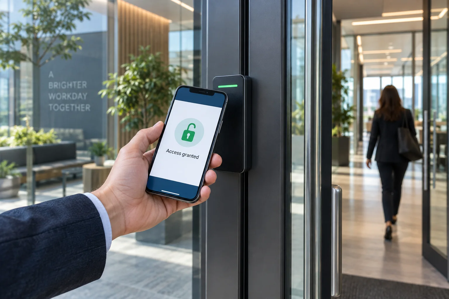 Smartphone granting entry at a wall-mounted access reader beside a glass office door