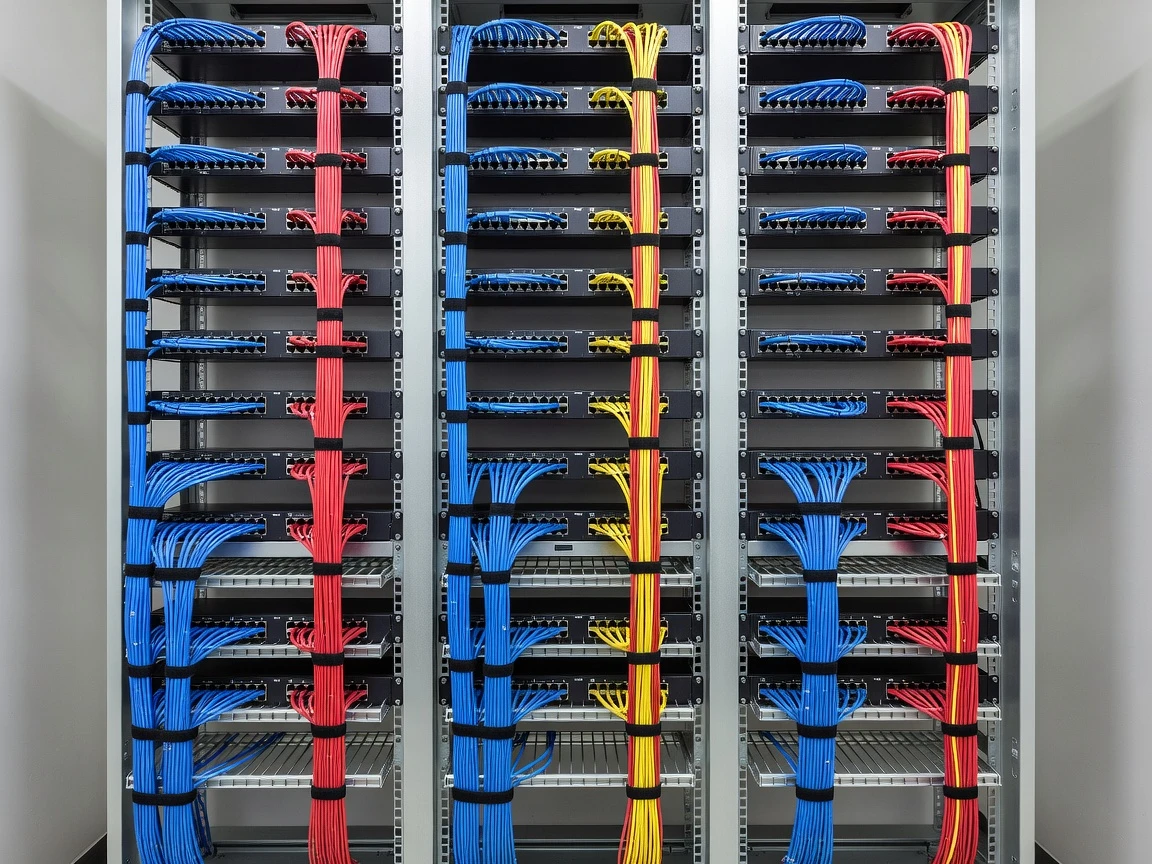 Organized network equipment rack with neat cable management