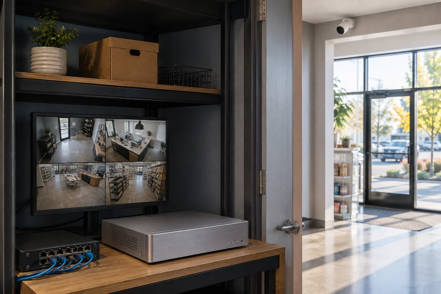 Illustrative view of a network video recorder, security monitor and camera at a business entrance