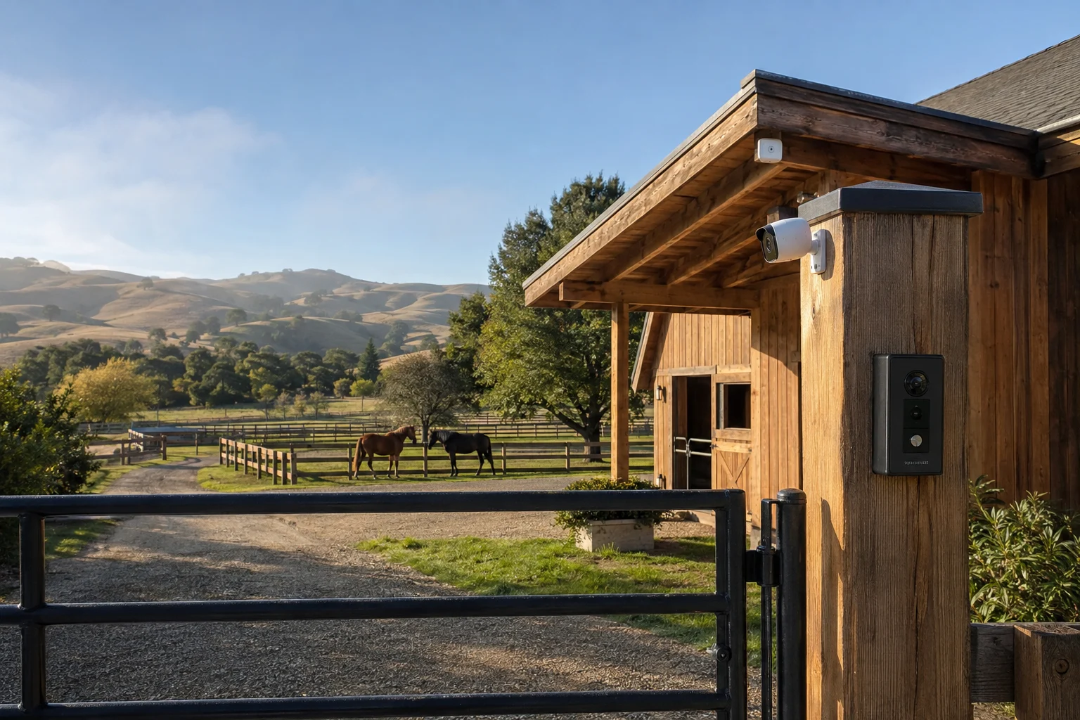 Illustrative horse ranch entrance with a video intercom, security camera and outdoor wireless access point