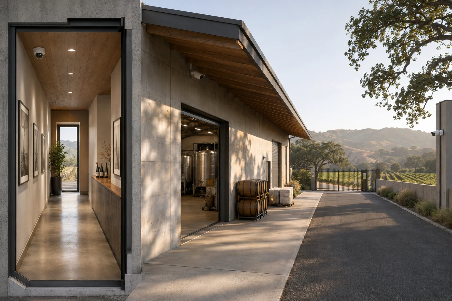 Illustration of security camera placement across a winery hallway, loading area, and entry driveway