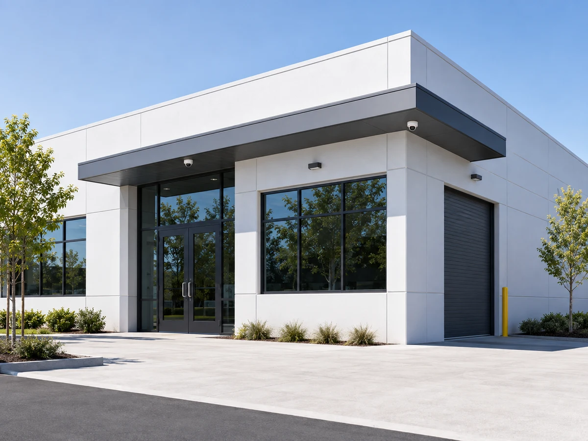 Illustrative commercial building with two security cameras mounted high beneath the canopy