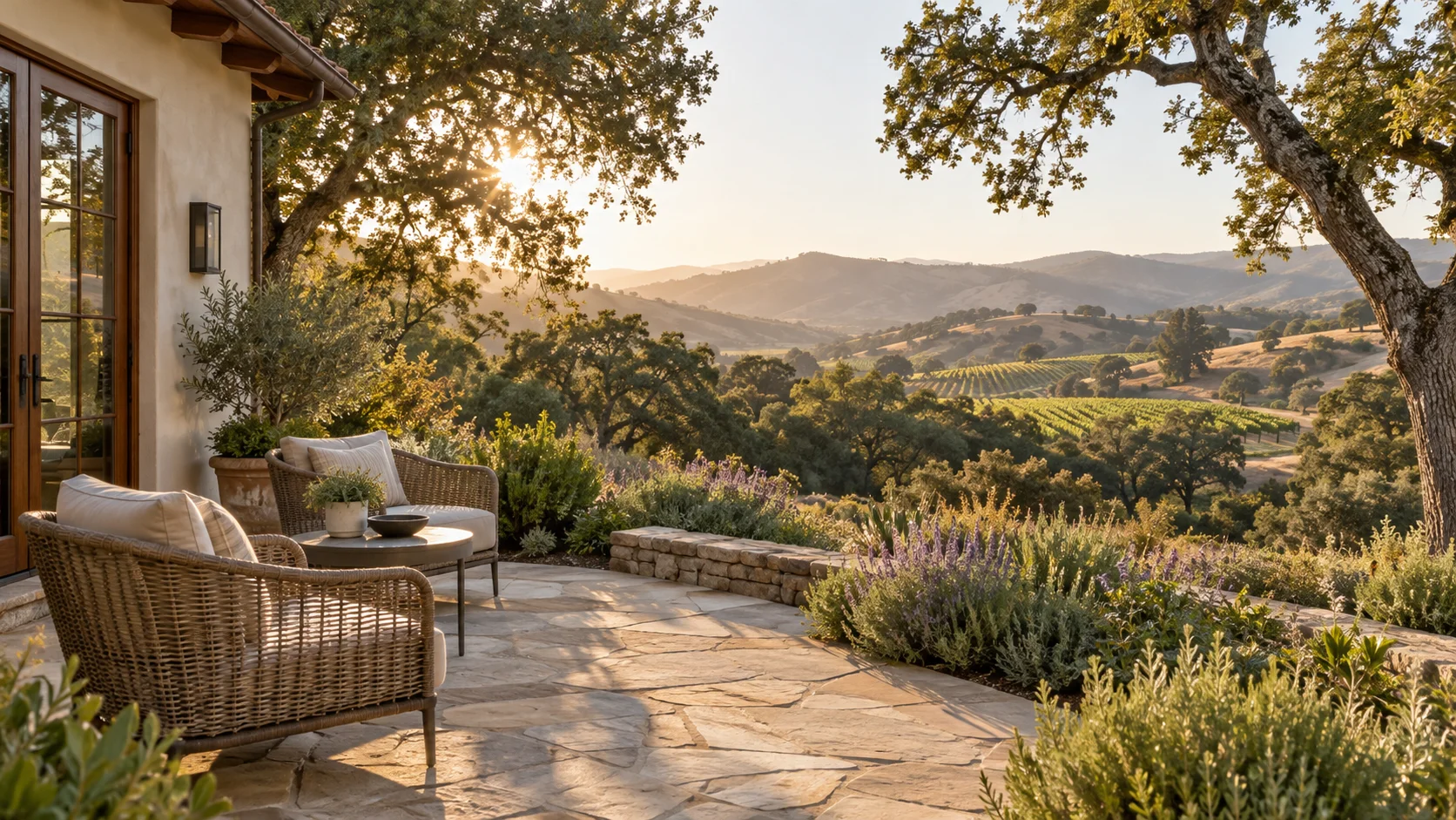 Welcoming garden terrace overlooking vineyards and rolling hills