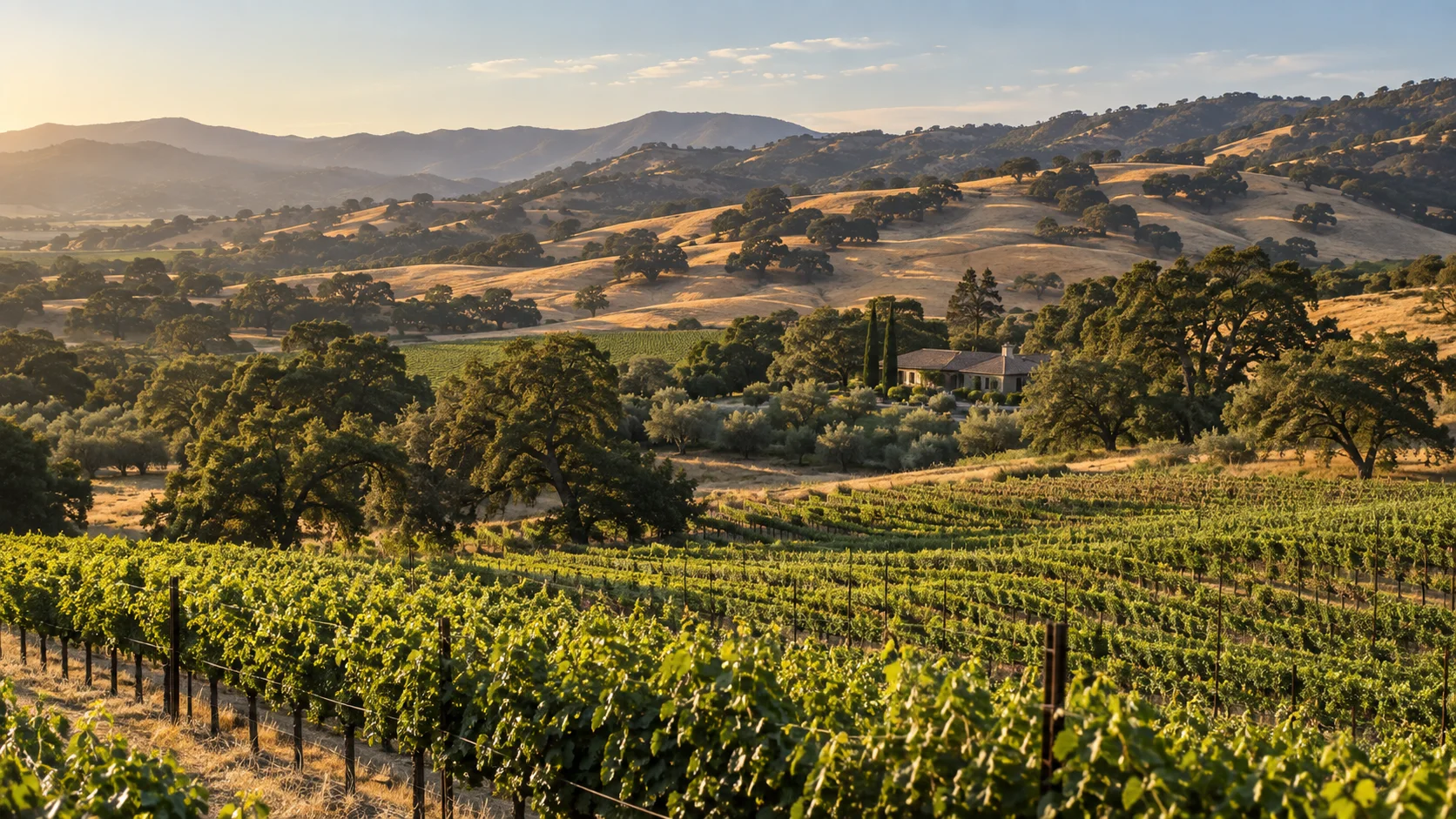 Vineyards and oak-studded wine-country hills in warm evening light