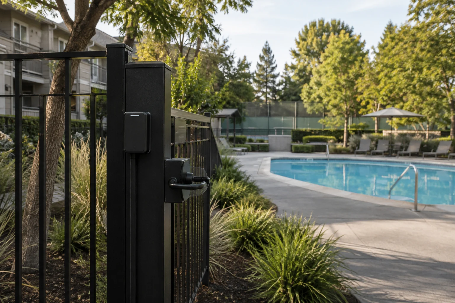 Illustration of an electronic access reader at a condominium pool gate, with shared amenities beyond