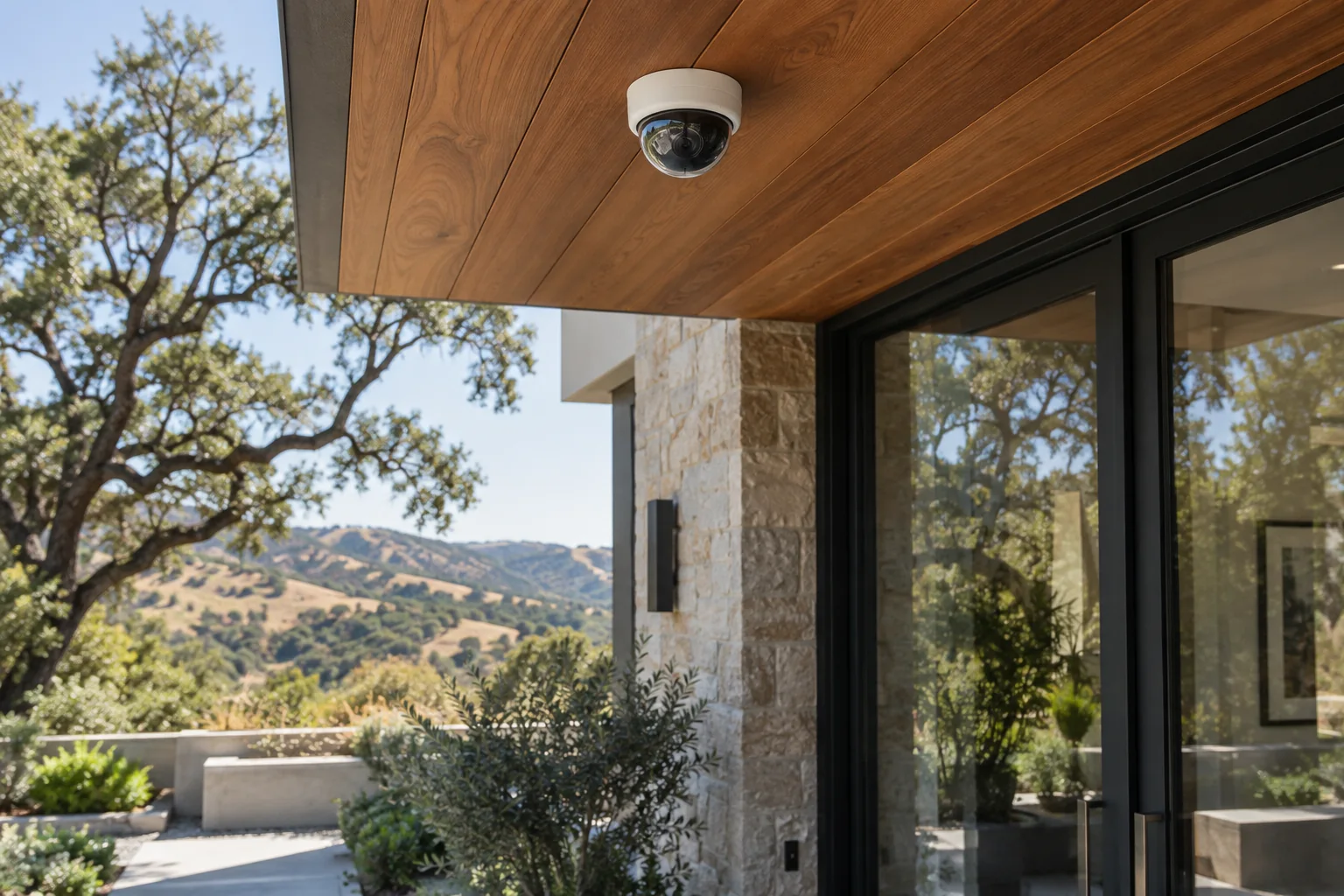 Discreet dome camera mounted beneath a cedar soffit at a Marin-inspired property with no exposed wiring