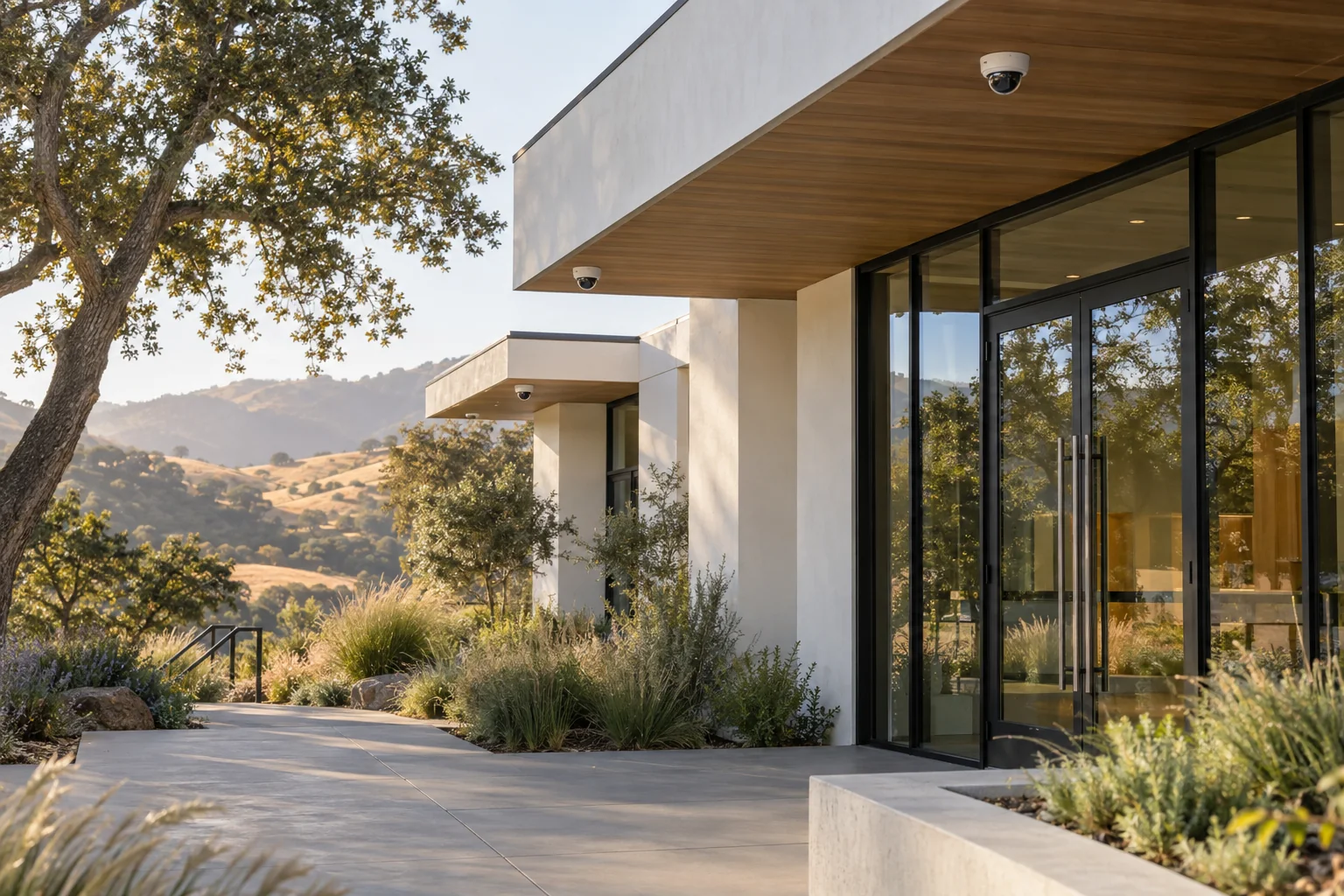 Marin-inspired modern commercial property with discreet dome security cameras, oak trees and coastal hills