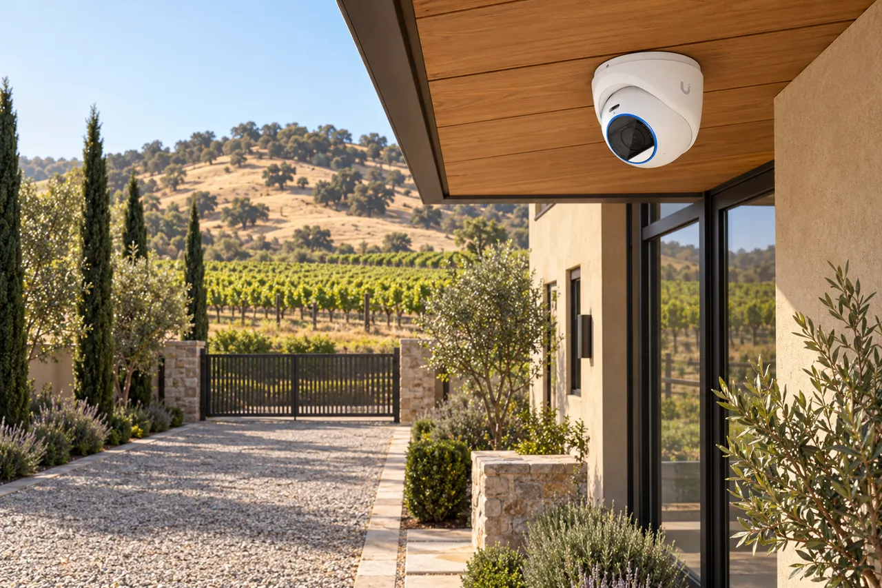 Napa-inspired vineyard estate driveway and side gate with a white UniFi turret camera neatly mounted beneath a cedar soffit