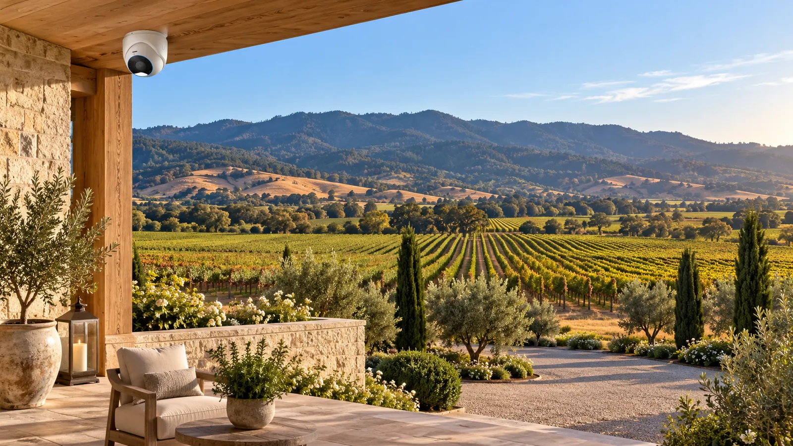 Napa Valley-inspired vineyard panorama and mountain ridgeline, with a white UniFi turret camera beneath a winery veranda