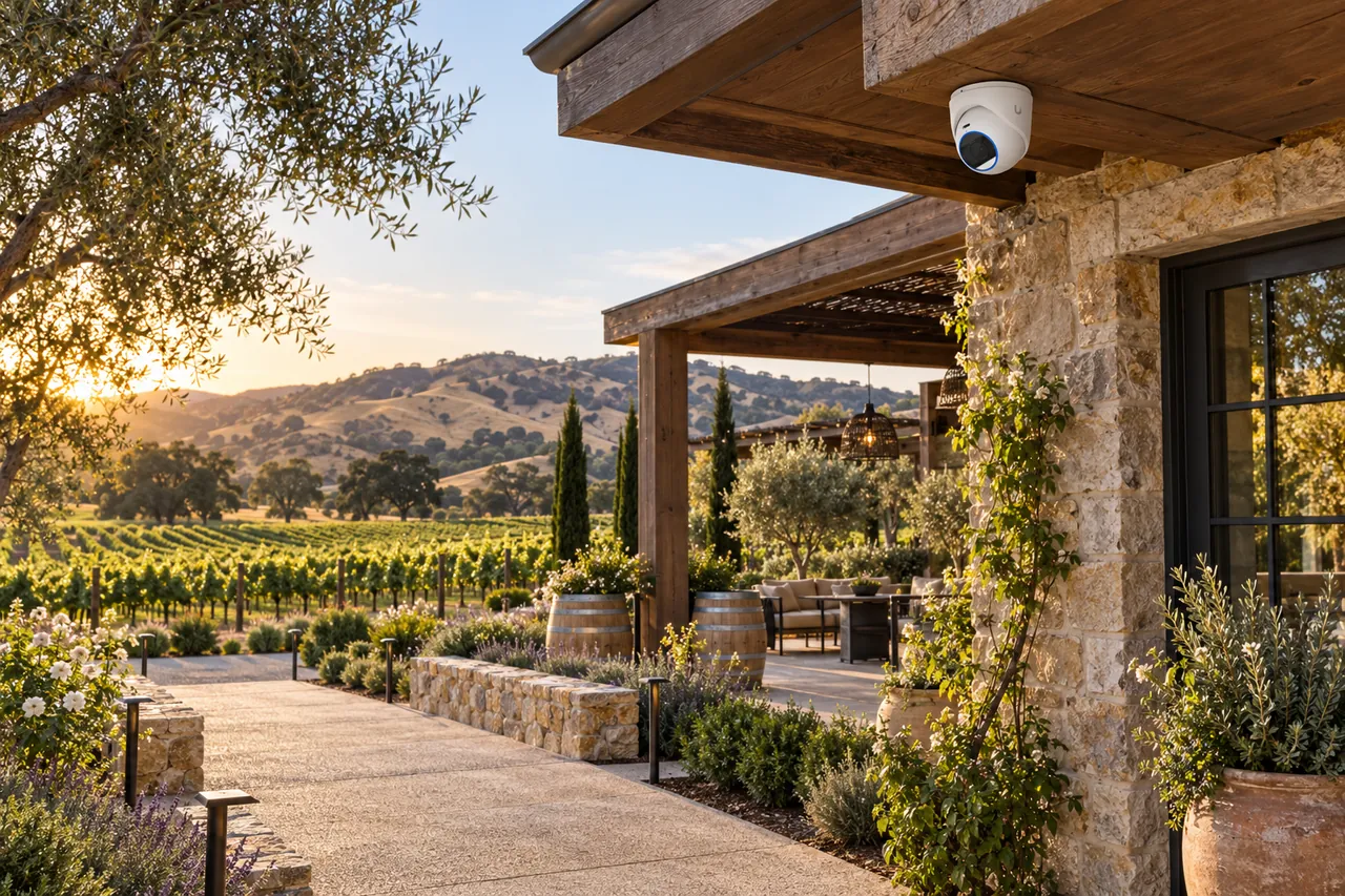 Napa-inspired winery courtyard and vineyard arrival path with a white UniFi turret camera mounted beneath the timber eave