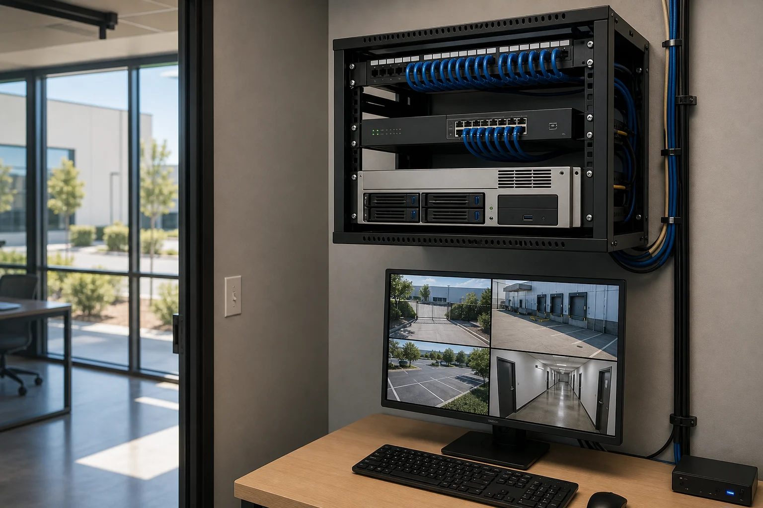 Illustration of organized network equipment and a local security recorder beside a monitor showing four property views