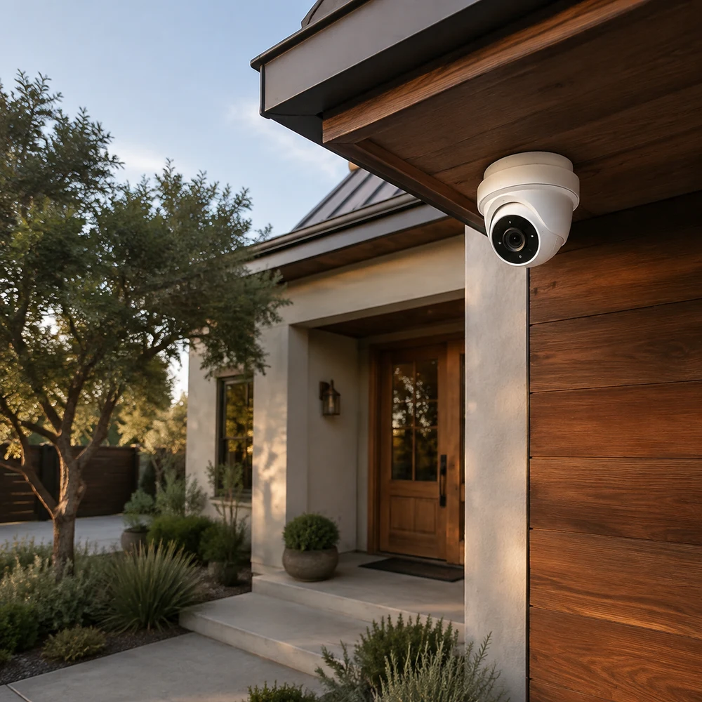 Illustrative image of a security camera beneath the eave of a residential entrance