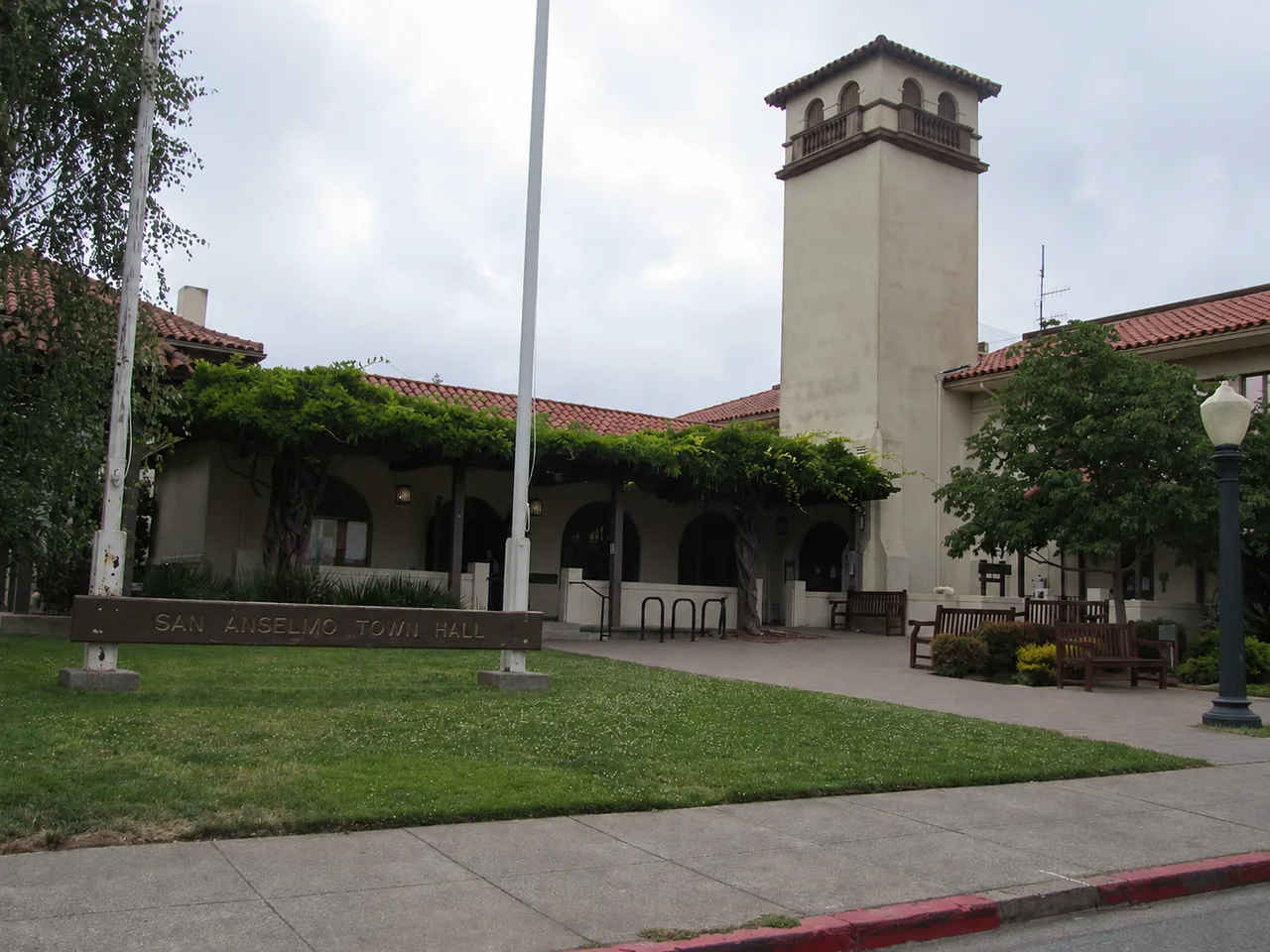 San Anselmo Town Hall with its historic tower and landscaped courtyard