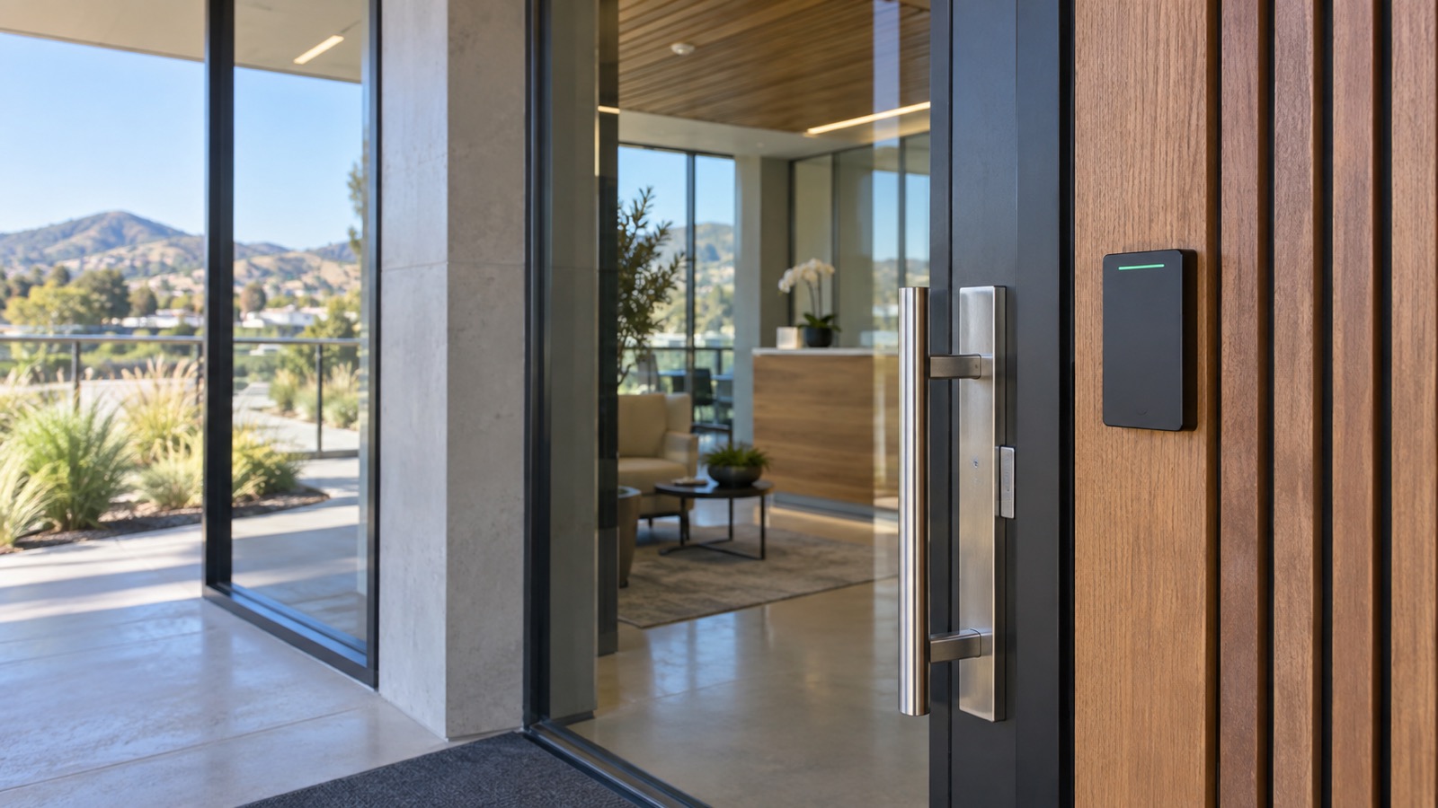 Access control reader installed at a modern San Rafael commercial entrance