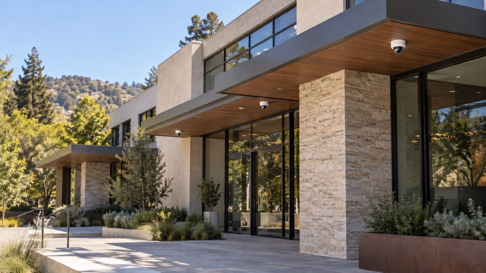 Modern San Rafael commercial property with three professionally mounted dome security cameras