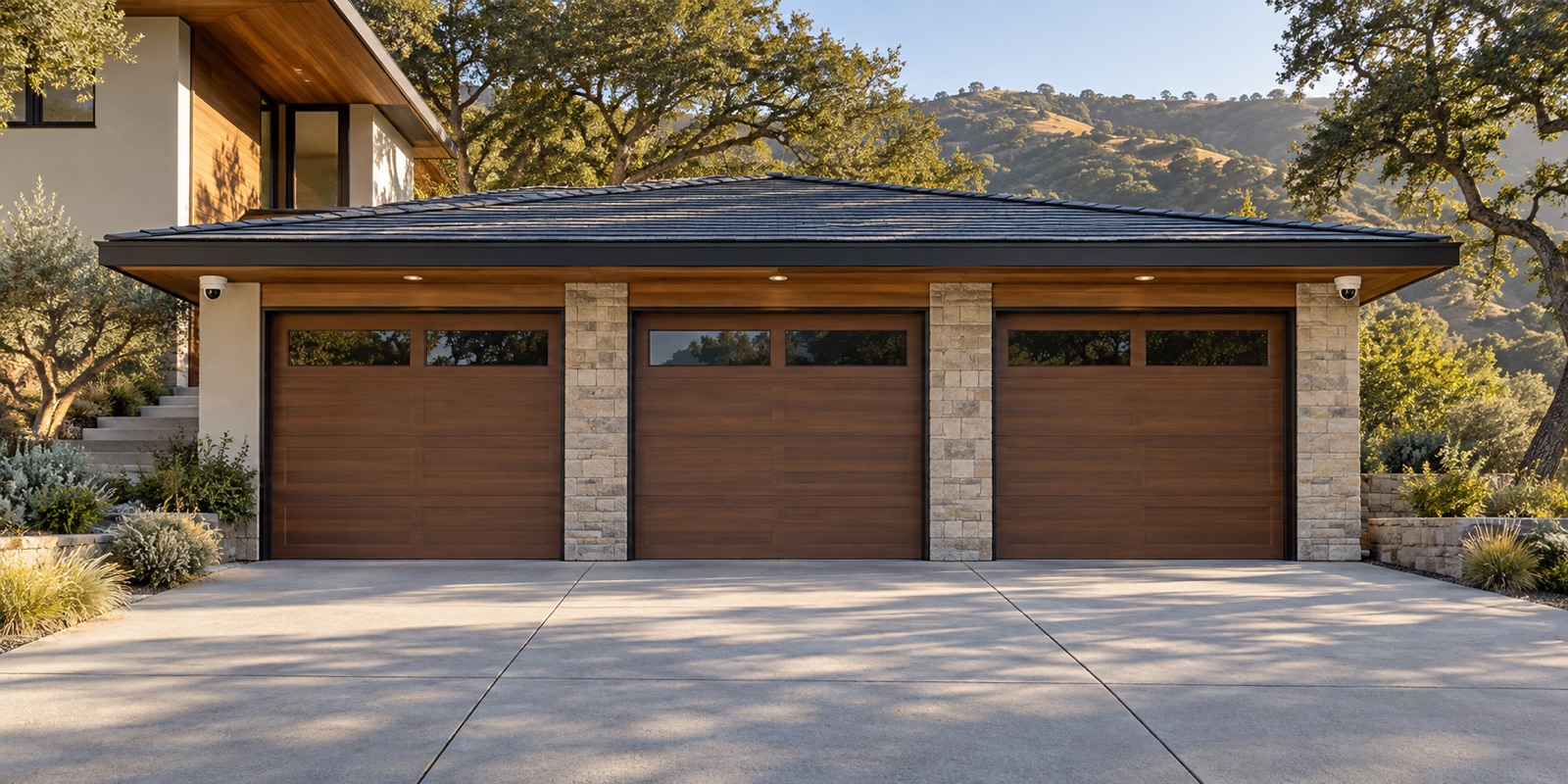 Upscale Marin County home with a three-car garage and discreet security cameras on both sides