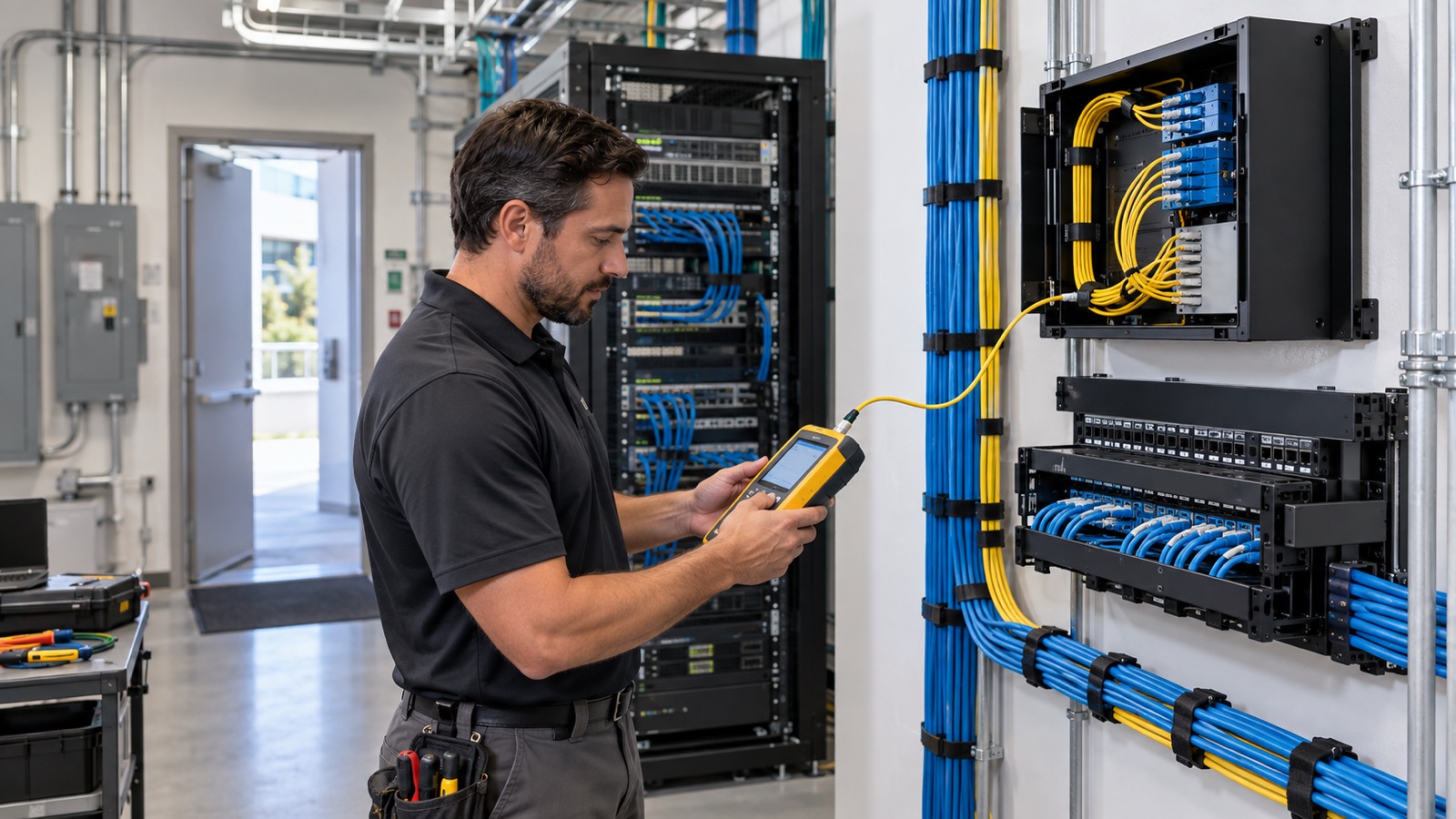 Low-voltage telecommunications technician testing a San Rafael network installation