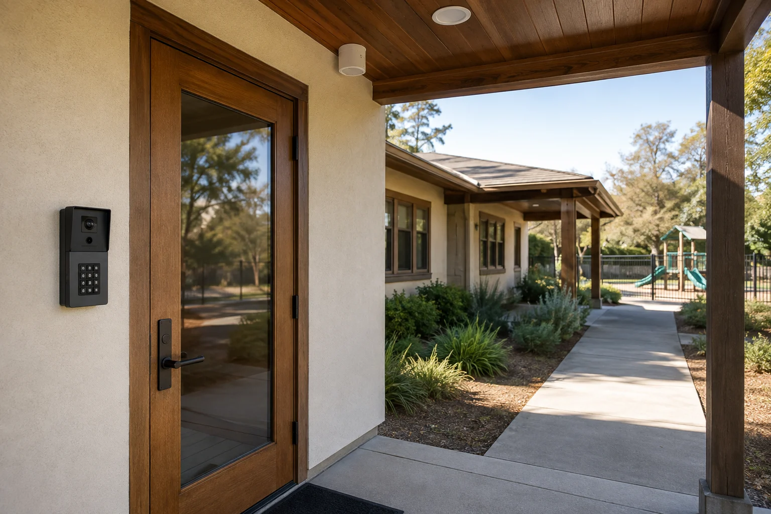 Illustration of a school entrance with a video intercom, keypad, and discreet paging speaker
