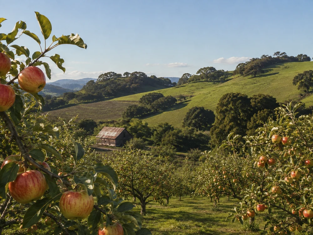 Illustrative Gravenstein apple orchard inspired by Sebastopol, with striped apples and rolling Sonoma County hills