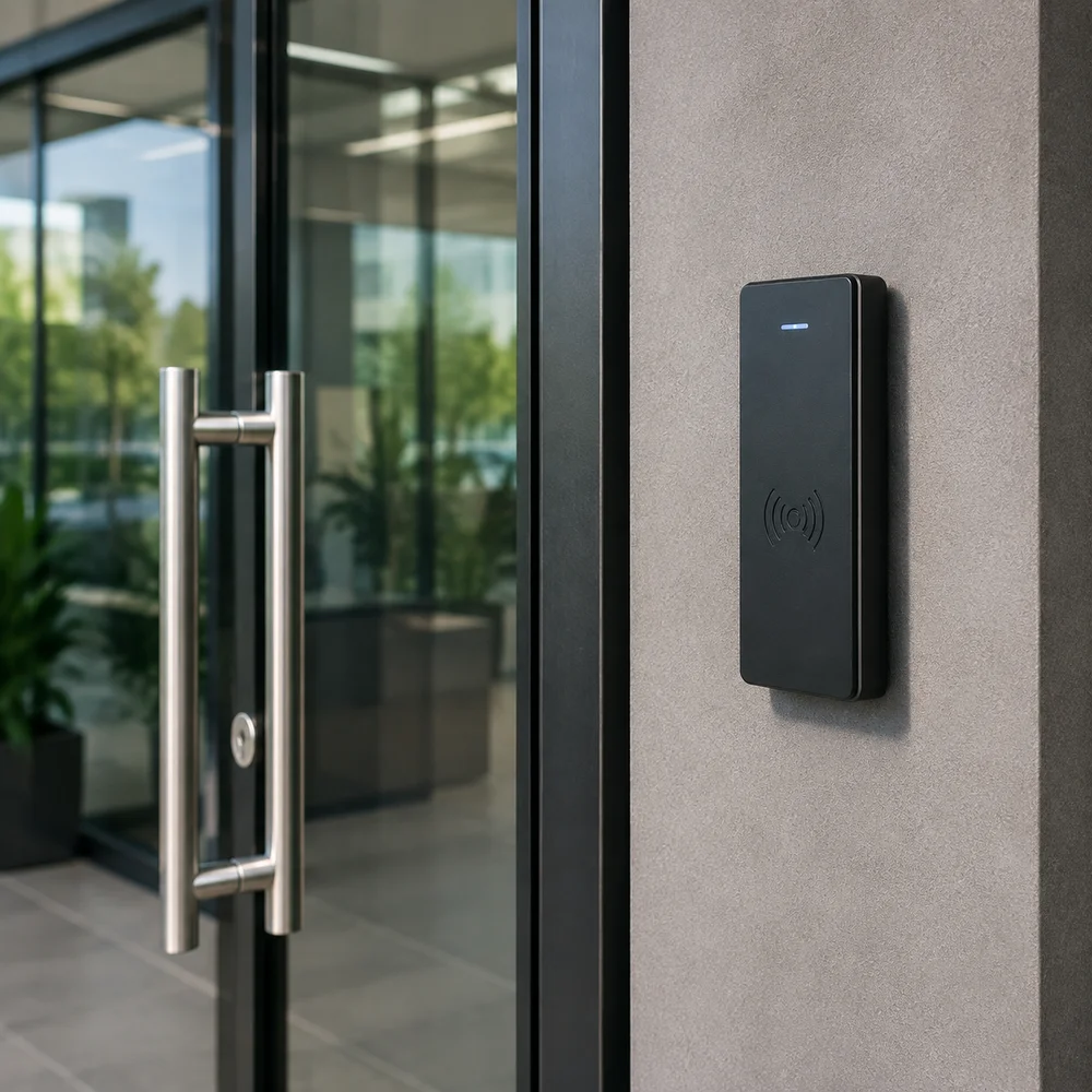 Illustrative image of a contactless reader beside a commercial entrance