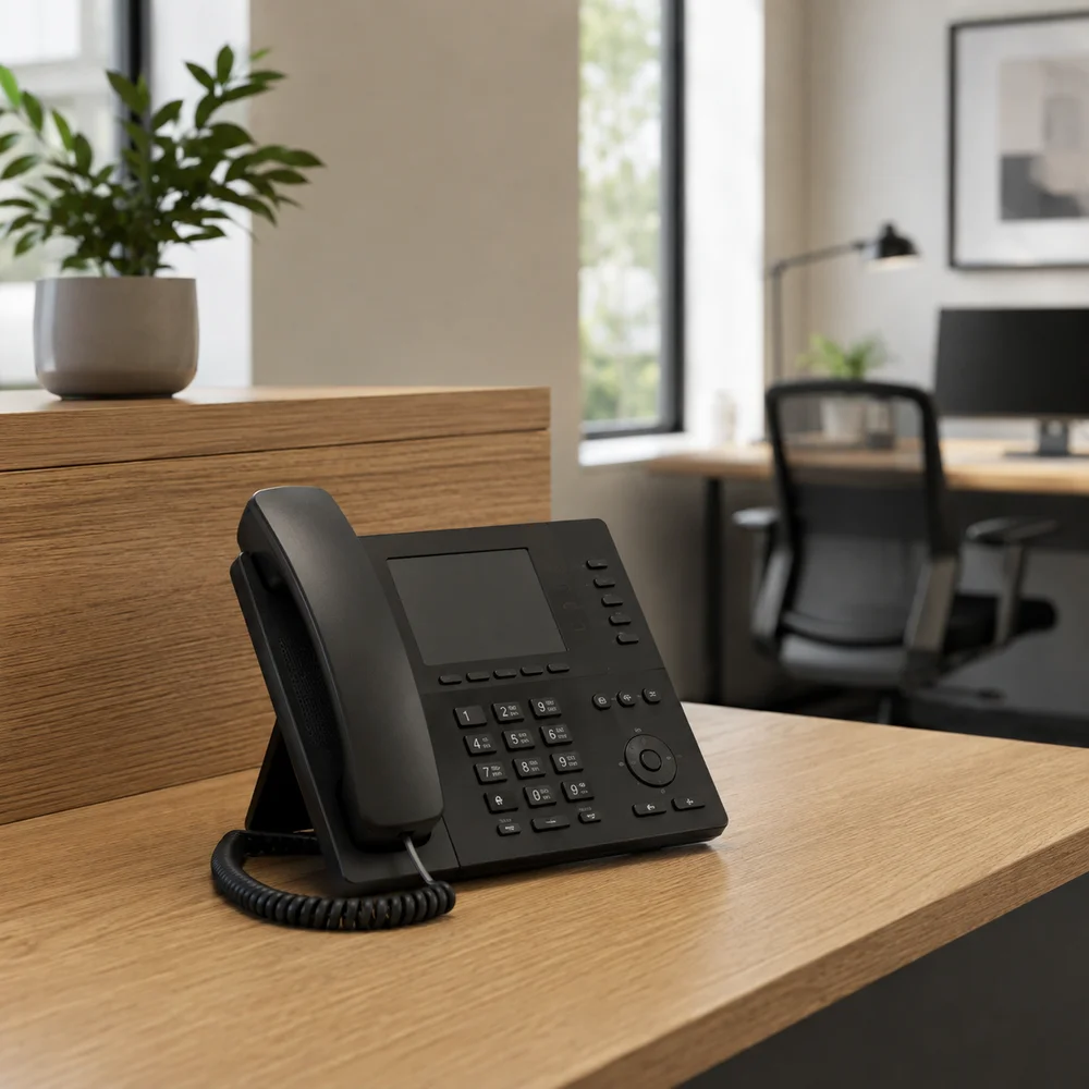 Illustrative image of a VoIP desk phone in an office