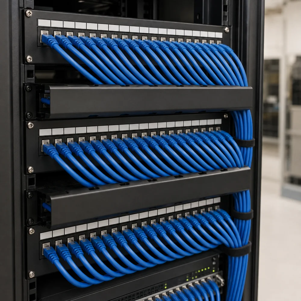 Illustrative image of organized Ethernet cabling in a network rack