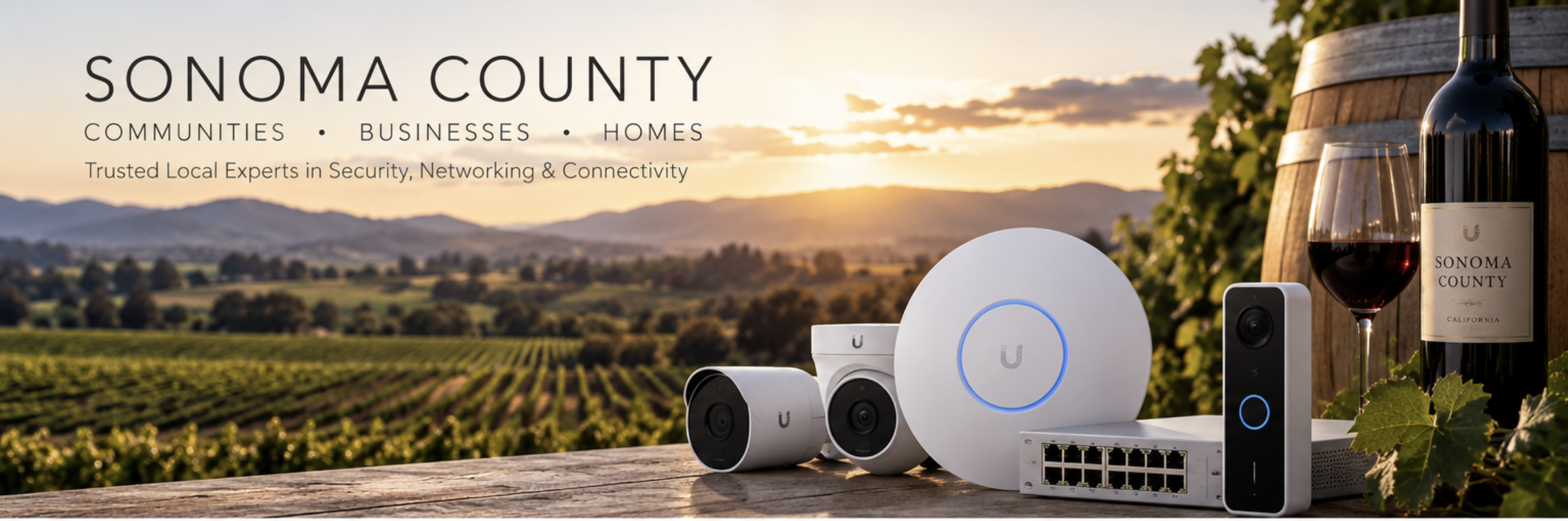 Sonoma County vineyard scene with networking, security camera, and door entry equipment