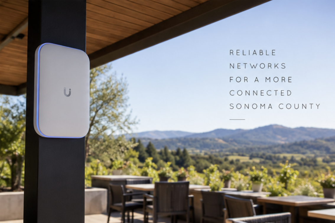 Outdoor Wi-Fi access point overlooking a Sonoma County vineyard and tasting patio