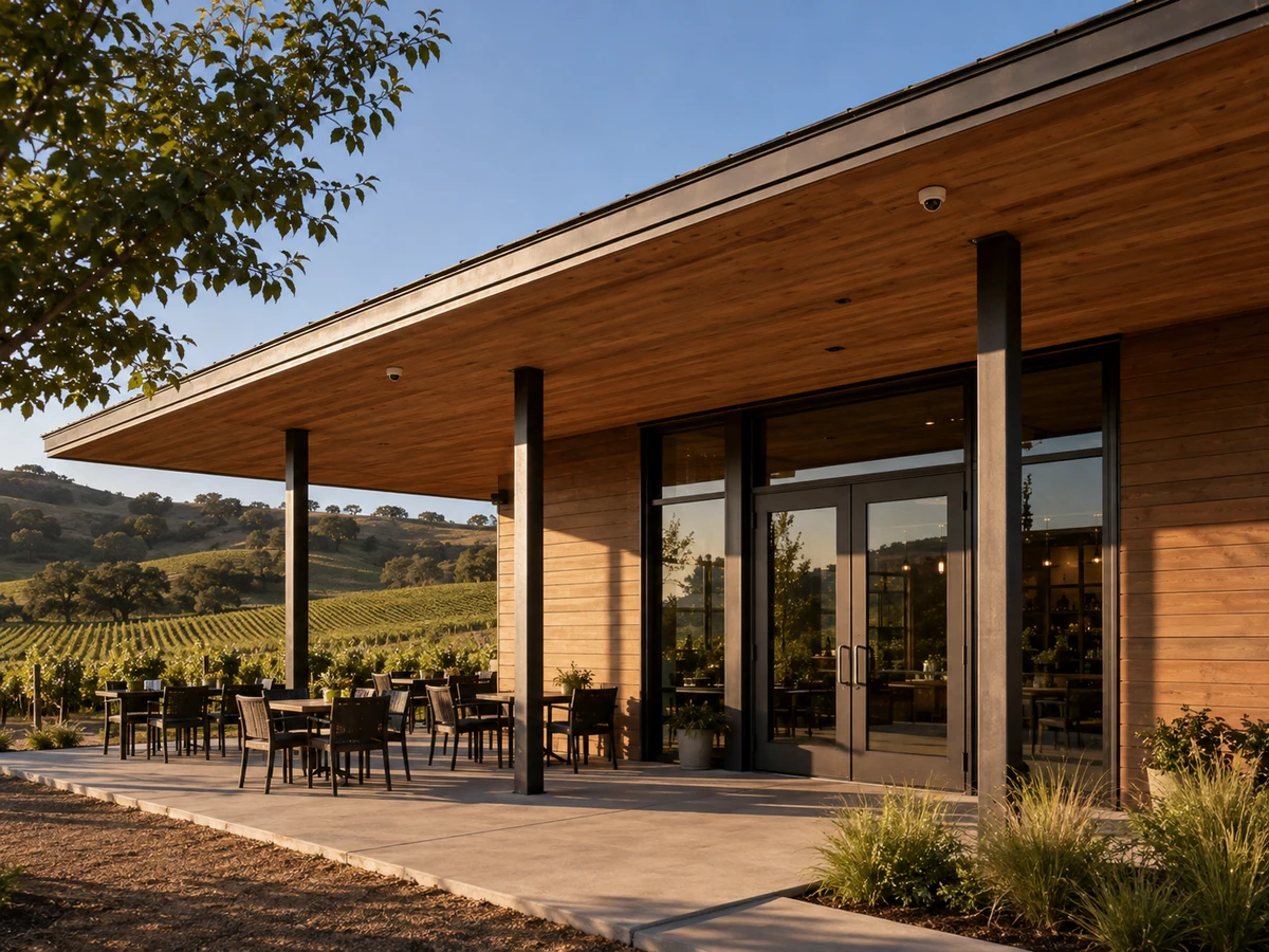 Illustrative Sonoma County tasting room beside a vineyard, with two security cameras mounted high beneath the veranda roof
