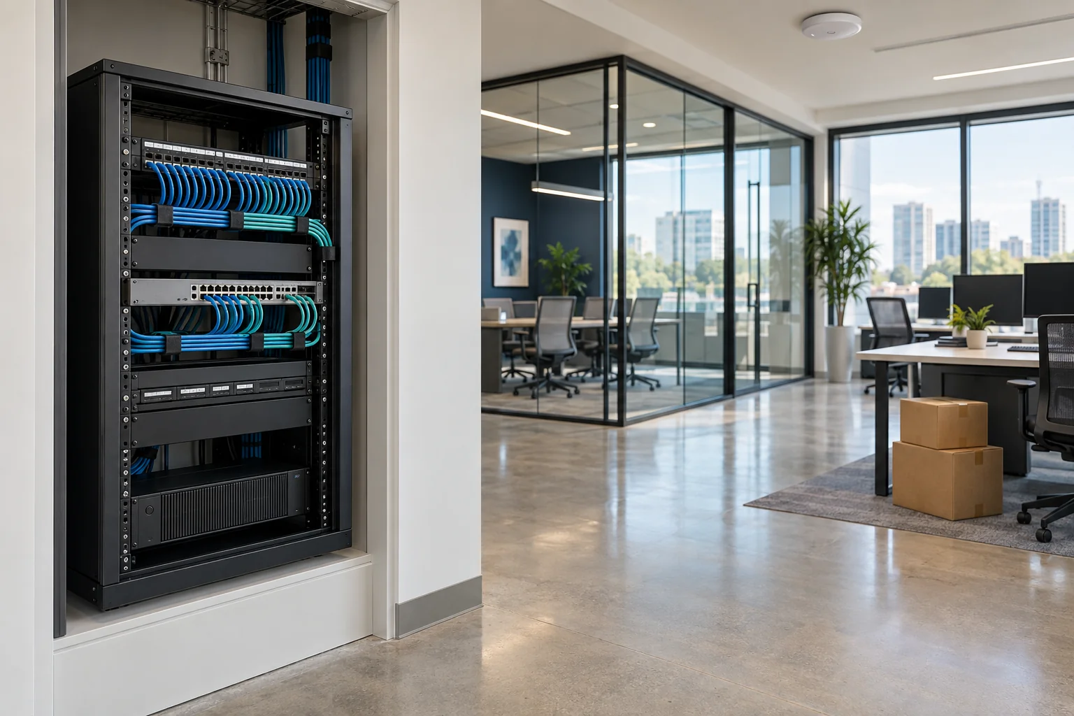 Network rack with organized blue patch cables beside a modern office and glass meeting room