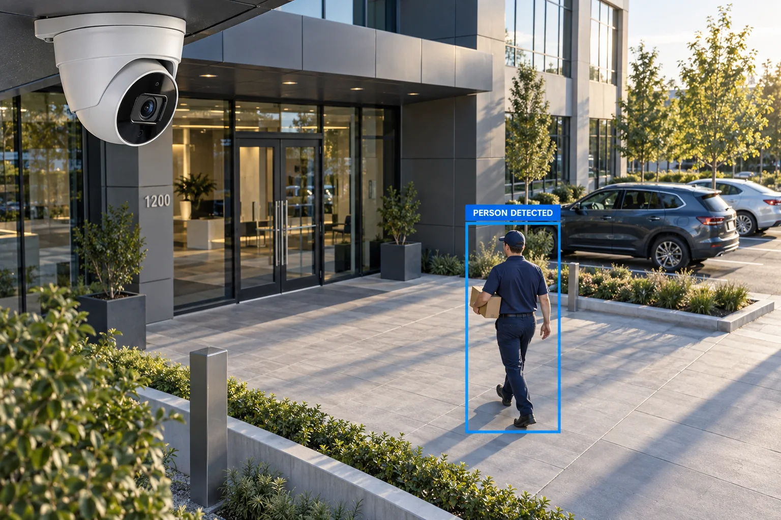 Security camera overlooking an entrance with a person-detection box around a delivery visitor